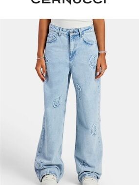 Cernucci Light Blue Wide-Leg Embroidered Jeans